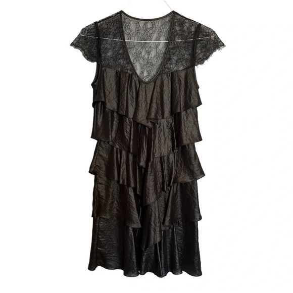 BCBGMAXAZRIA Black Ruffle Woven Tiered Lace Dress  Cap Sleeve V Neck EUC Sz S - Picture 2 of 14